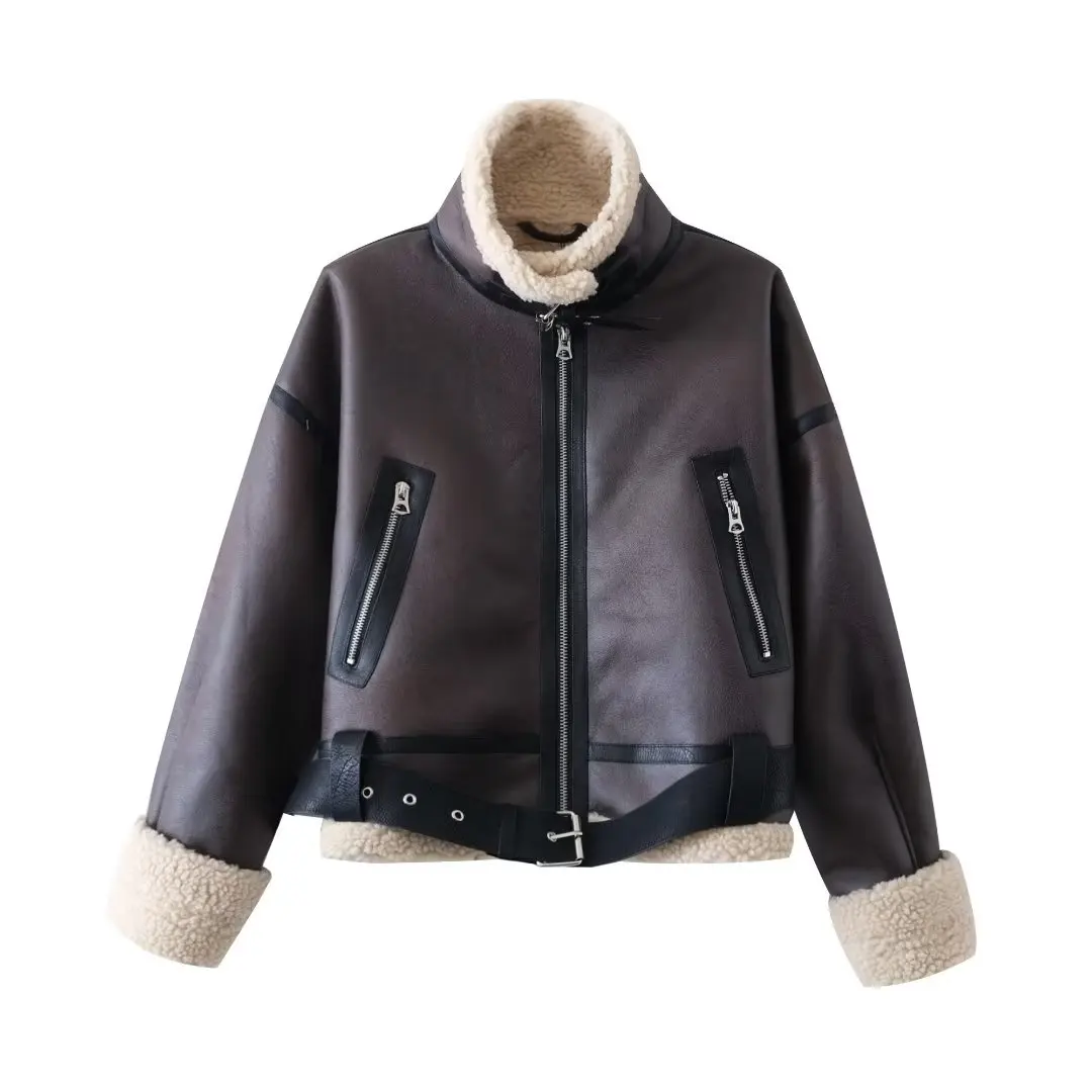 Women New Fashion Belt decoration Cropped Fur Faux Leather Jacket Coat Vintage Long Sleeve Zipper Female Outerwear Chic Tops
Women New Fashion Belt decoration Cropped Fur Faux Leather Jacket Coat Vintage Long Sleeve Zipper Female Outerwear Chic Tops