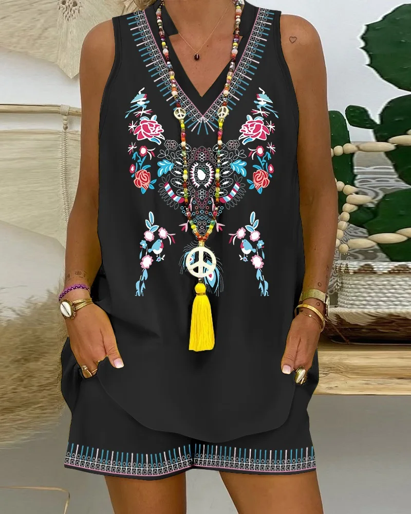 

Tribal Floral Print Notch Neck Top & Shorts Set Women Sleeveless V Neck Camis Tanks Tops High Waist Shorts Pants Summer