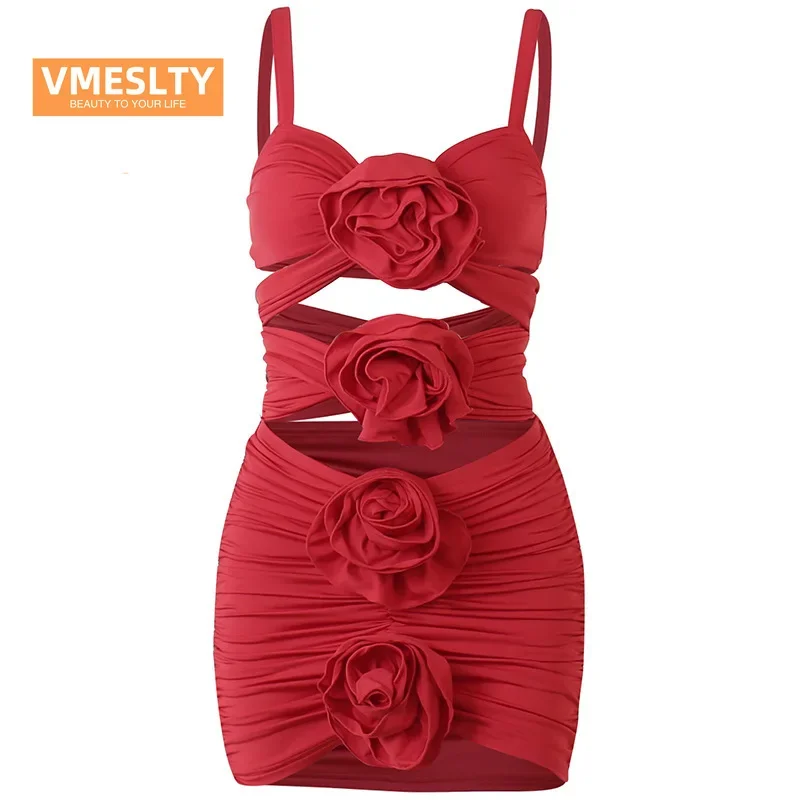 

VMESLTY Sexy Three-Dimensional Flower Lace-up Cutout Dress Milk Silk Elegant Slim-Fit Pleated Hot Girl Suspender Dress