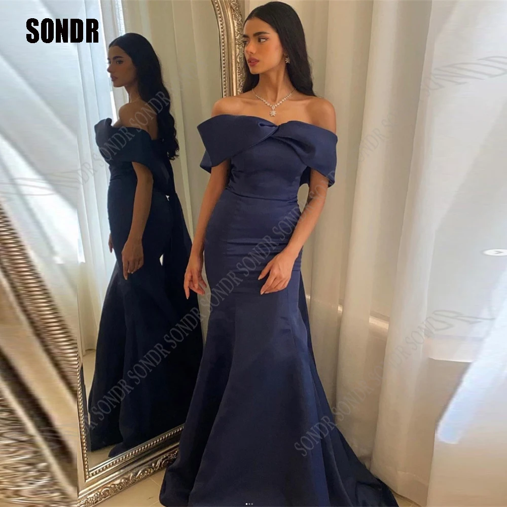 

SONDR Blue Off Shoulder Mermaid Saudi Arabic Evening Dress Pleats Satin Dubai Arabia Celebrate Party Dress Formal Prom Gowns