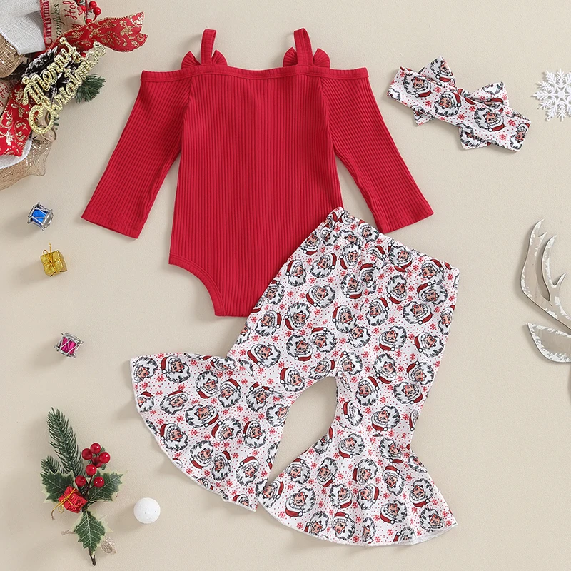 

Baby Girl Christmas Outfit Bell Bottoms Ribbed Romper Button Bodysuit Cold Shoulder Knit Top Flare Pants Headbands