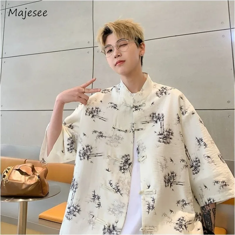 

Shirts Men Youthful Summer Daily Chinese Style Casual Loose Half Sleeve Chic Print Handsome Fashion Special Charming Streetwear