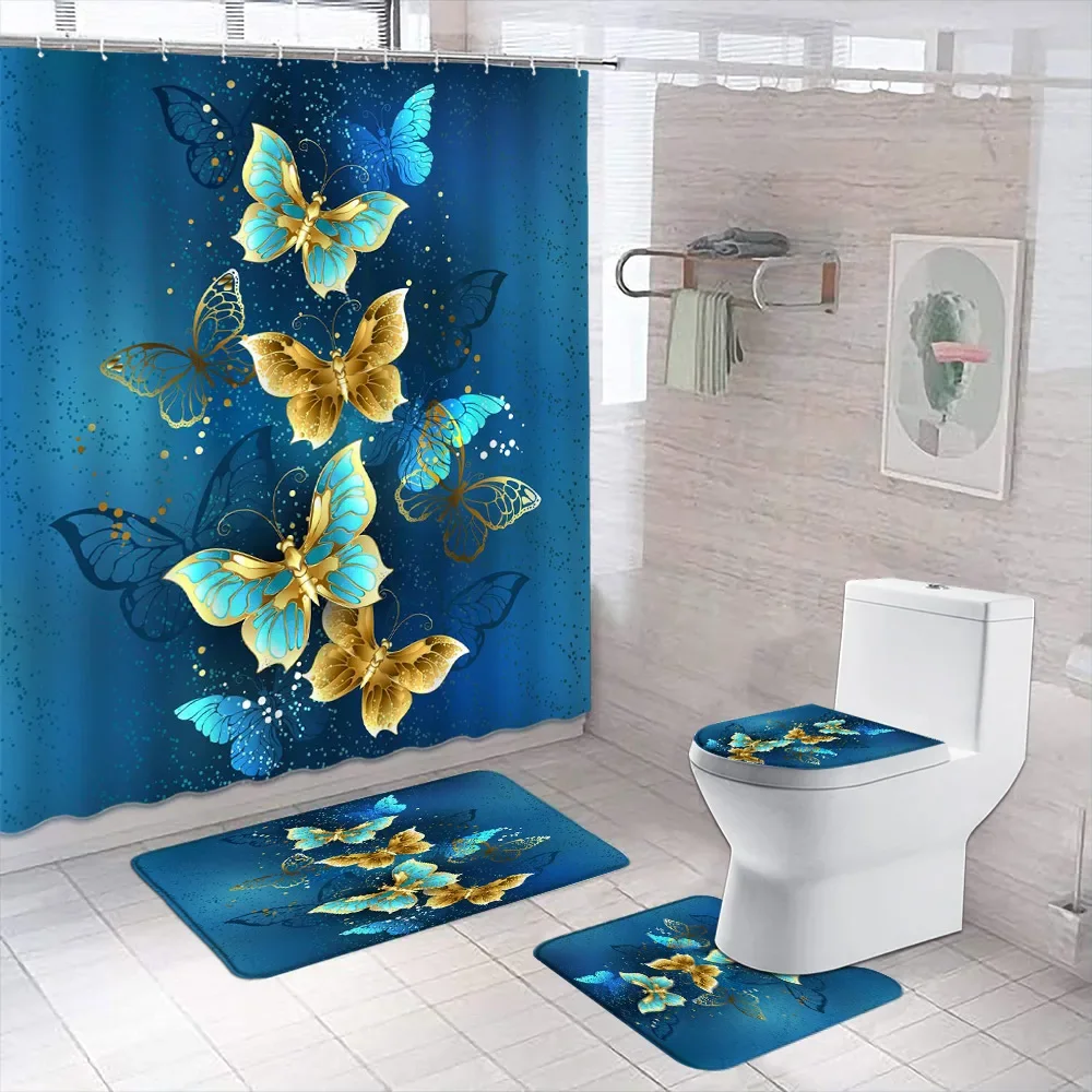 

Beautiful Butterfly Shower Curtain Floor Mat Bathroom Set Colourful Printed Bath Curtains Flannel Rug Toilet Cover Bathtub Decor