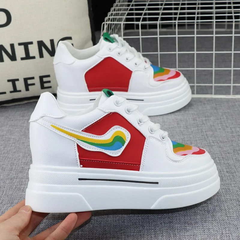 

2023 Spring Hot Style Fashion Color Matching Rainbow White Shoes Casual Sneakers 10CM Thick-soled Inner Heightened Women's Shoes
