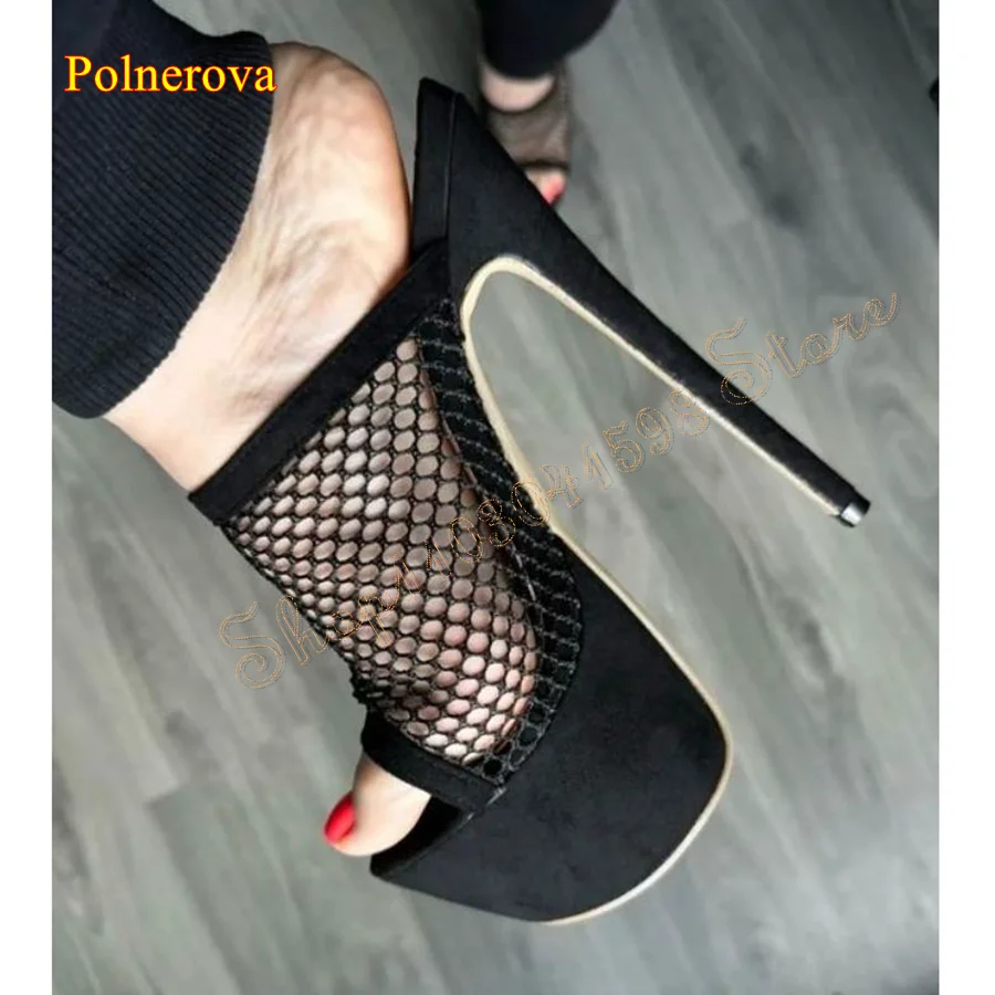 

Sexy Hollow Mesh Suede Slippers Black Thick Sole Stiletto Women's Shoes Wedding Party HIgh Heels 2024 New Zapatos Para Mujere