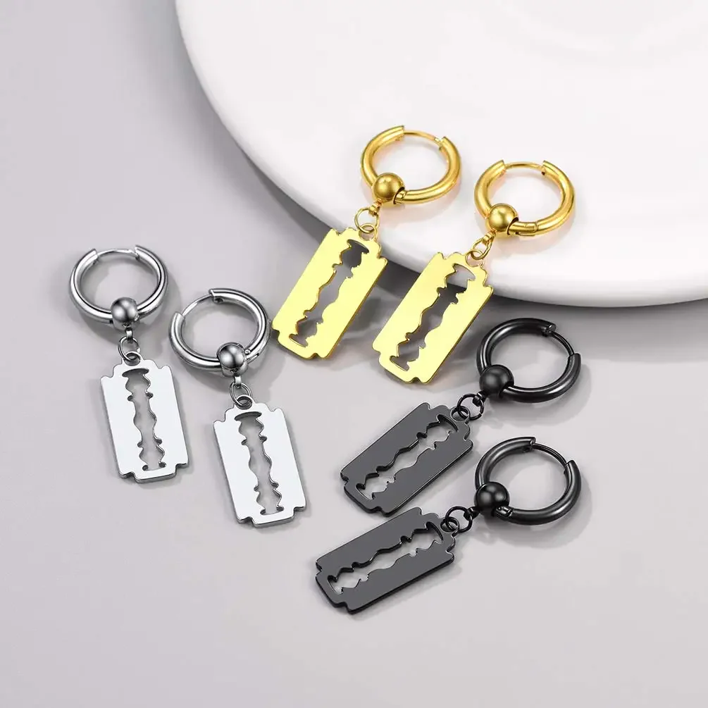 

Fashion Stainless Steel Blade Earrings Vintage Razor Hollow Drop Earrings Women Men Punk Jewelry Hip Hop Street Dangle Earrings