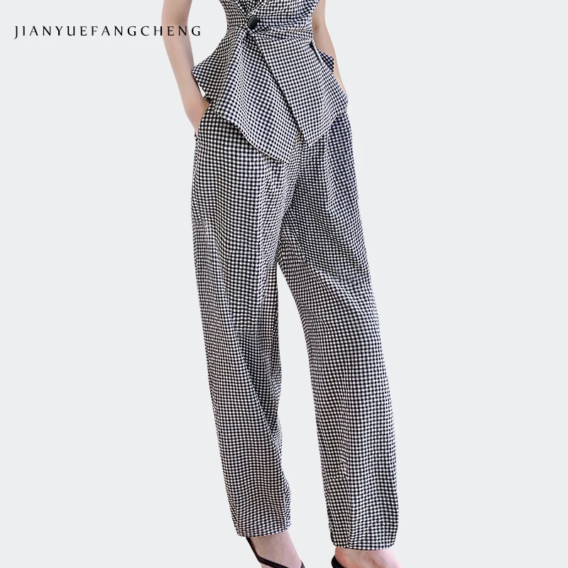 

Pantalon Women Spring Summer High Waist Grey Checkered Pants Elastic Waist Plus Size Cropped Pants With Pockets Plaid Trousers