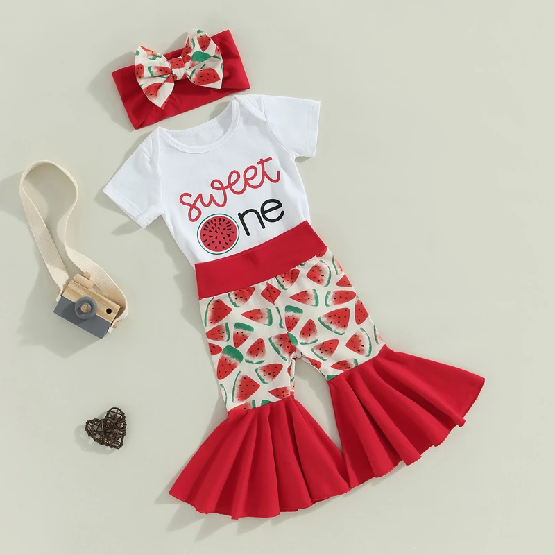 6-18M Infant Baby Girls Summer Jumpsuits Set Cute Watermelon Print Short Sleeves Romper Flare Pants Headband 3pcs Clothes Sets
6-18M Infant Baby Girls Summer Jumpsuits Set Cute Watermelon Print Short Sleeves Romper Flare Pants Headband 3pcs Clothes Sets