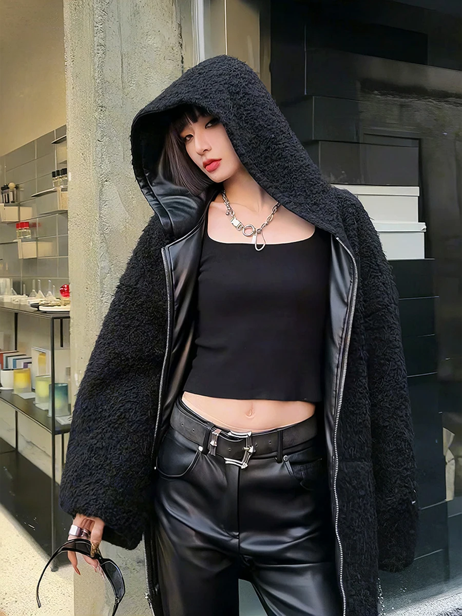 

Black Faux Lamb Fur Coat Leather Coat Women's Winter Hooded Suede Lining Fur Integrated Two Sides