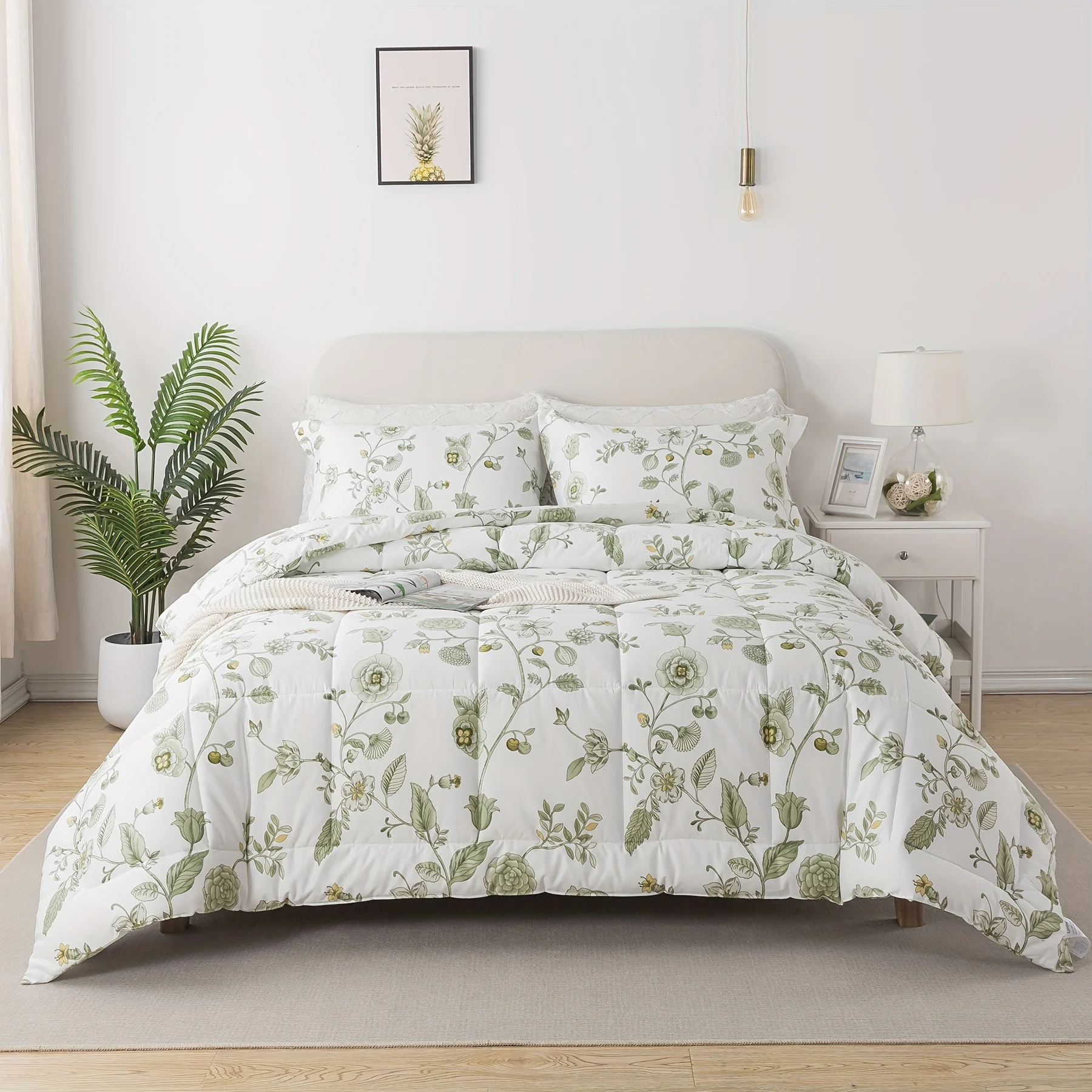 

3pcs 100% Cotton Boho Style Floral Summer Comforter Set, Elegant Off White Shabby Flowers Chic Bedding Sets, Thin Reversible Dow