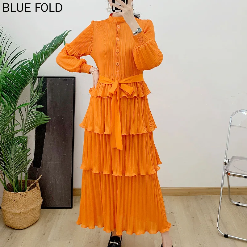 

Miyake Pleated Wooden Ear Lace-up Dress Female Spring New 2024 Ladies Fashionable Dress Temperament Joker Slim Dress Clothing.