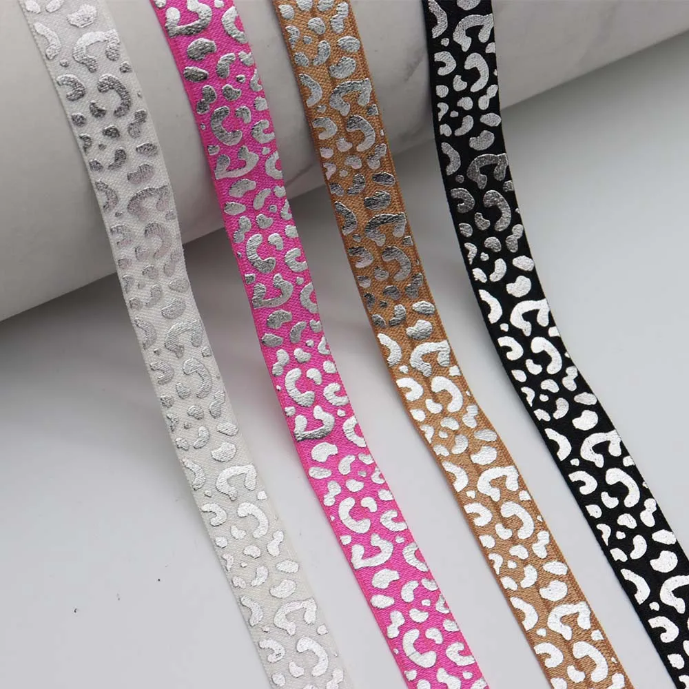 

5/8'' 15mm Silver Foil Leopard Print Fold Over Elastic FOE Ribbon For Hair Ties Headwear DIY Sewing Decoration