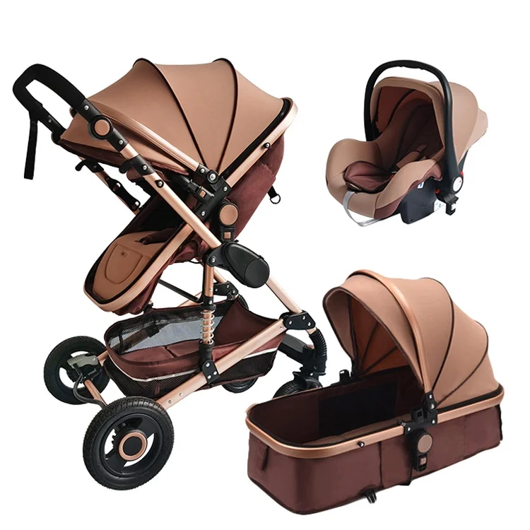 

Luxury Baby Stroller 3 In 1 Bassinet Car Set High View Pram Foldable Pushchairs