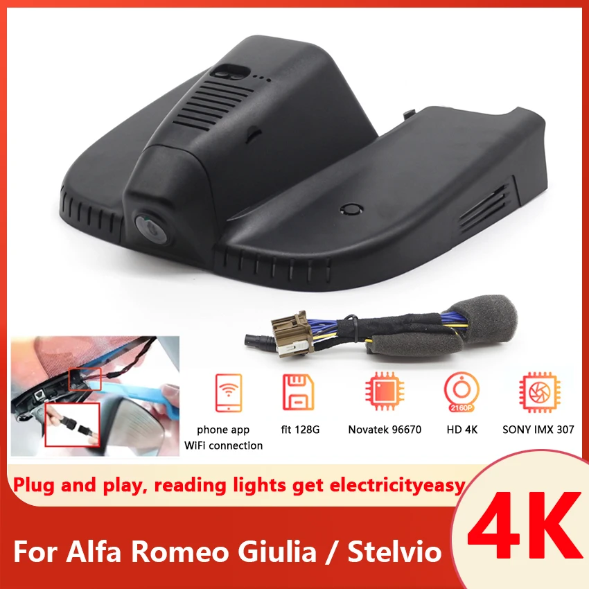 

Новинка! Высококачественный скрытый Автомобильный видеорегистратор UHD 4K 2160P с функцией Plug and Play, видеорегистратор с Wi-Fi и питанием от лампы для помещений для Alfa Romeo Giulia / Stelvio