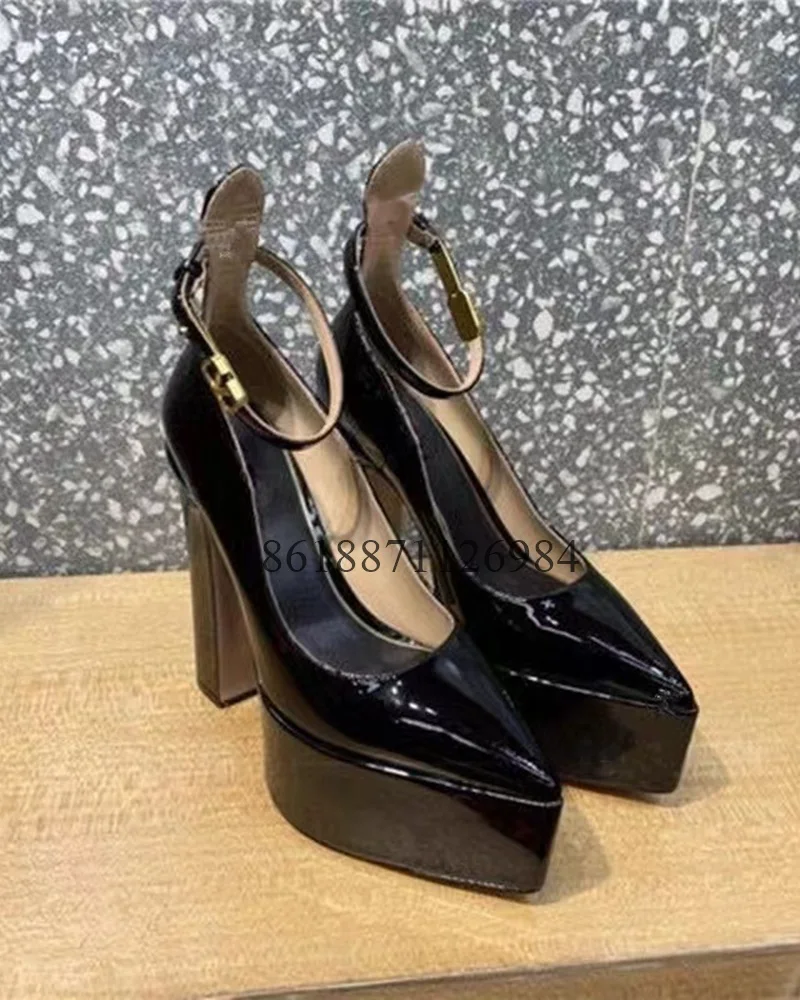 

Женские туфли-лодочки из лакированной кожи на платформе с острым носком, обувь на очень высоком массивном каблуке с ремешком с пряжкой, дизайнерская обувь большого размера