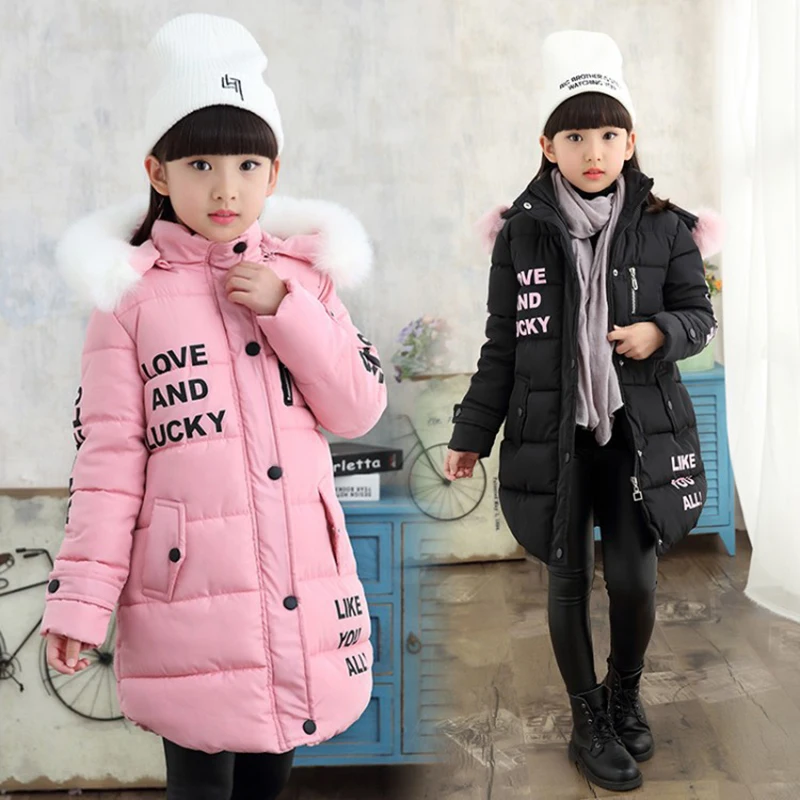 

4 6 8 10 12 Years Teen Kids Parka Keep Warm Autumn Winter Jackets For Girls Fashion Letter Long Coat Hooded Children's Outerwear