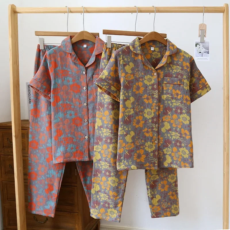 Newest Flower Printed Cotton Women's Short Sleeve Long Pants Homewear Suit Retro Style Trouser Pajamas Sets for Spring Summer
Newest Flower Printed Cotton Women's Short Sleeve Long Pants Homewear Suit Retro Style Trouser Pajamas Sets for Spring Summer