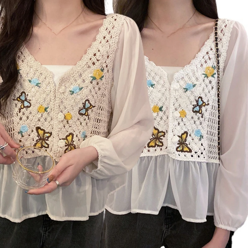 

New style Elegant Peplum Top Women Chiffon Puff Long Sleeve Buttons Shirt Crochet Knit Embroidery Butterfly Holiday Loose Blouse