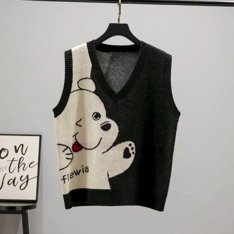 

Vintage Sweater Women Vests V-neck Korean Style Clothes Knitted Cardigans Casual Cartoon Bear Sleeveless Tops Knitted Vest Women