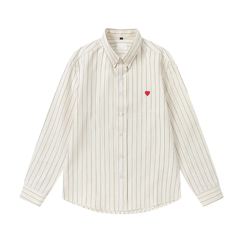 

Men's Spring New Stripe Simple Heart Pattern Casual Korean Version Commuting Loose Long Sleeved Shirt Autumn Women's Clothes