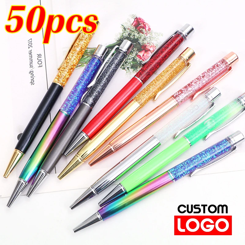 

50Pcs/Lot Quicksand Ballpoint Pen Custom Logo Flow Oil Crystal Foil Metal Copper Colorful Gold Powder Dynamic Liquid Sand Pen
