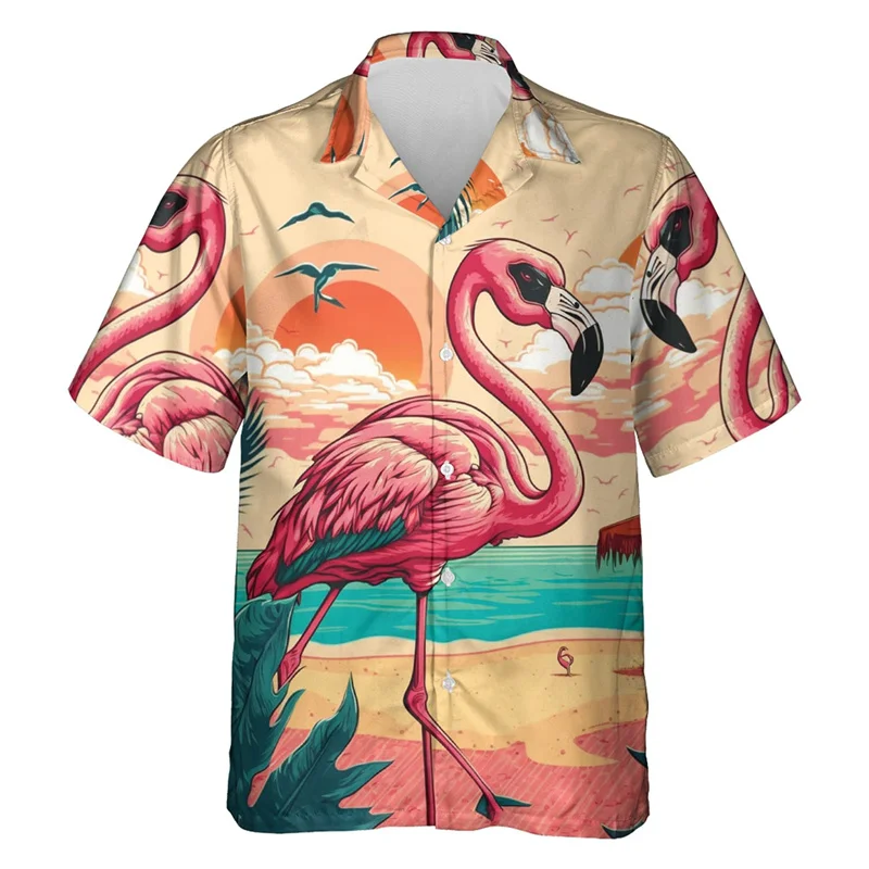 

Hip Hop Hawaiian Flamingo 3D Printed Beach Shirts Aloha Animal Short Sleeve Vacation Women Lapel Blouse Fashion Button Y2k Tops