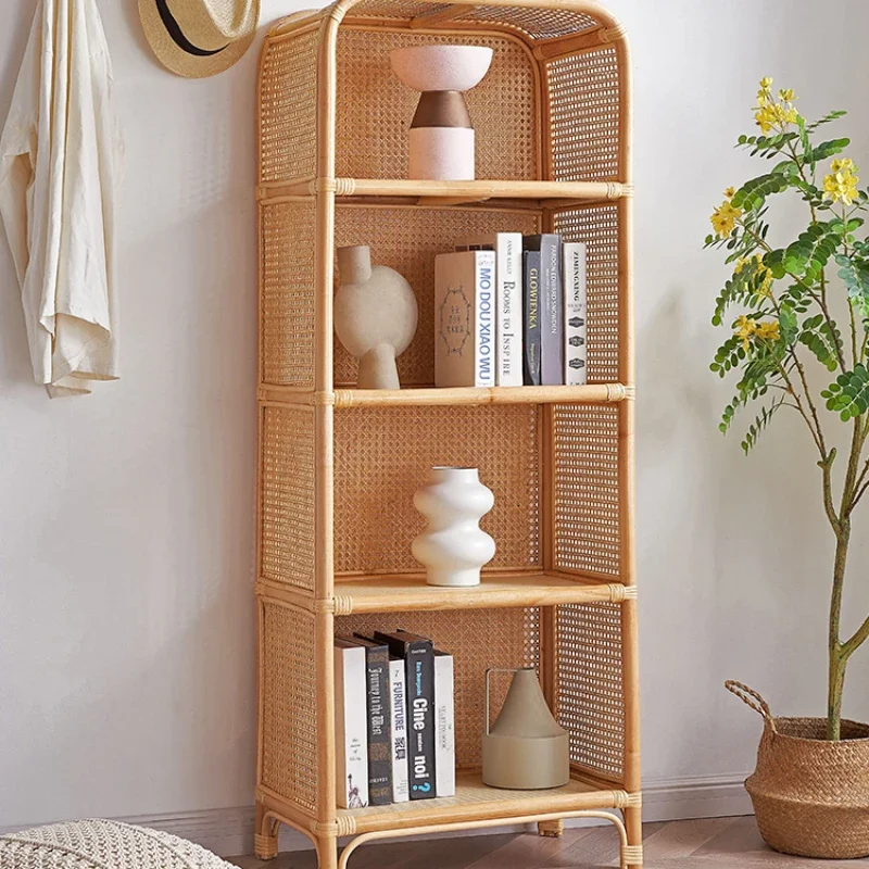 

Bookcase on the ground, real rattan small unit storage rack, woven decorative, new Chinese style, simple living room