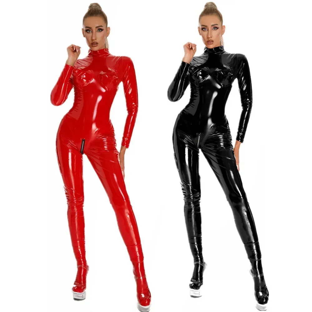 

Sexy Open Crotch Glossy PVC Leather Bodysuit For Women Erotic Hot Porn Shaping Catsuit Long Sleeve Shiny Latex Jumpsuit Clubwear