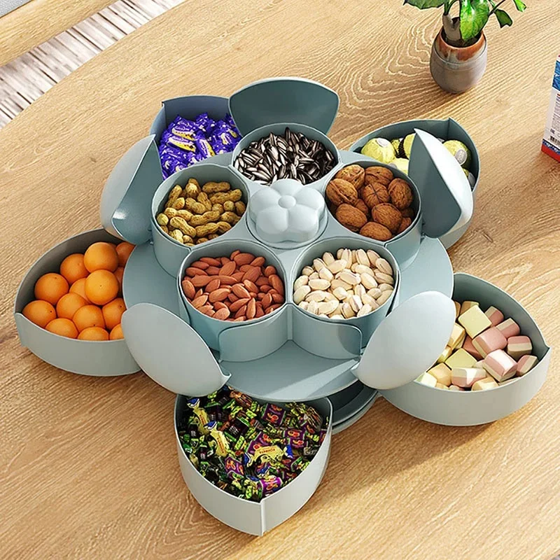 

HOT SALE 1Pcs Petal-Shape Rotating Removable Trays Box Creative Double Layers Candy Box Dried Fruit Snack Box Storage Organizer