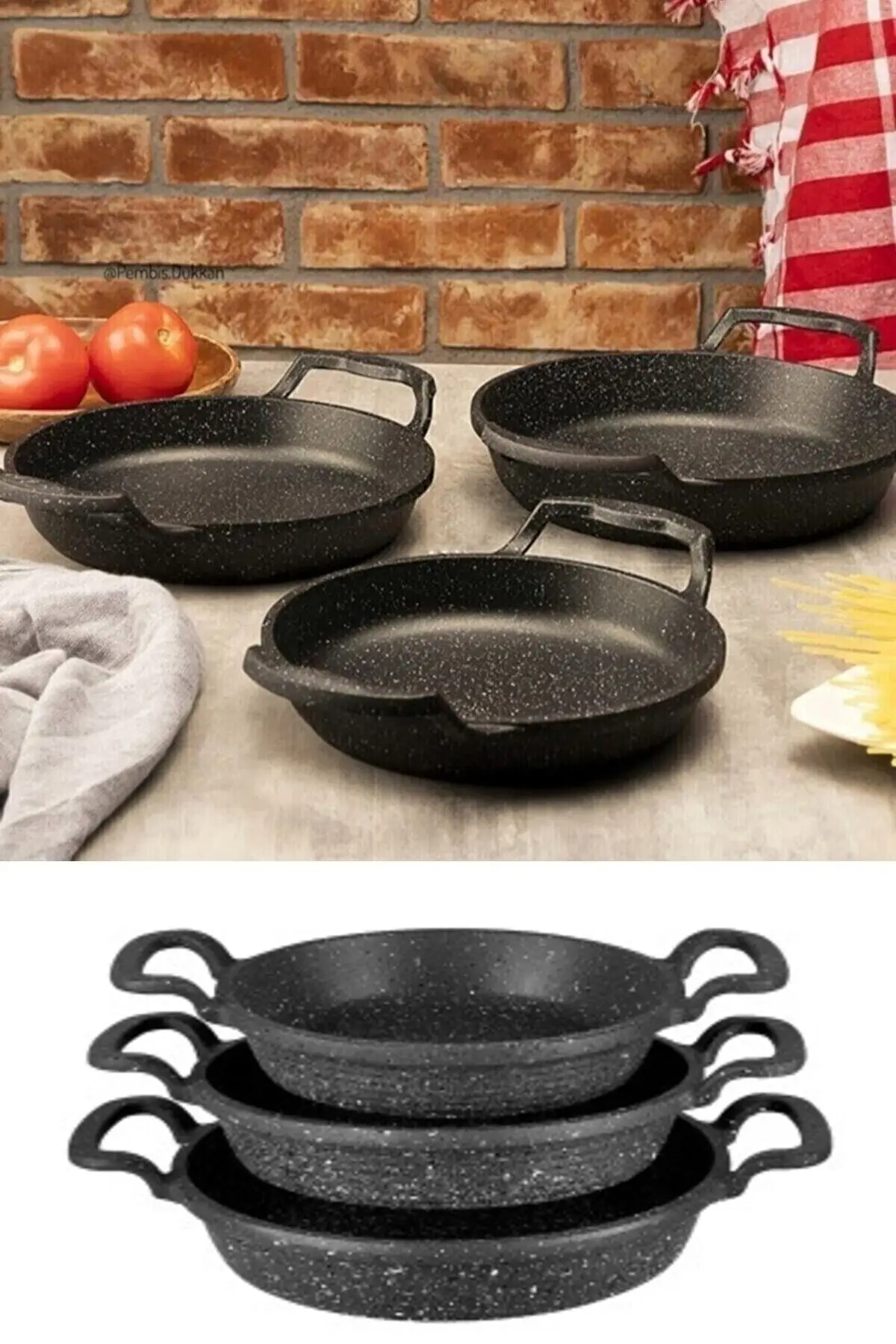 

Set of 3 Cast Black Granite Sahan Pan 22cm-20cm-18cm Multiple Medium Pan & Pan Set Cooking Tableware & Kitchen Home Furniture