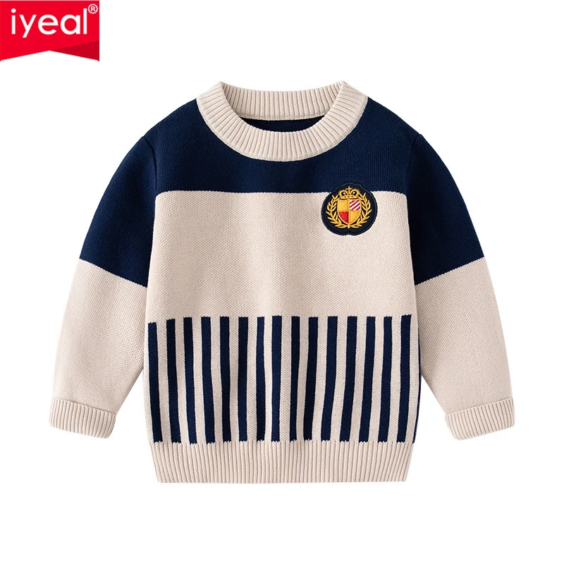 

IYEAL Autumn Boy's New Fashionable Cotton Sweater Stitching Striped Casual Long-Sleeved Round Neck Pullover Top