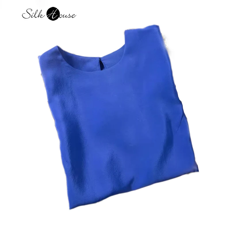 

2024 Women's Summer Fashion New Bright Blue 100% Natural Mulberry Silk Round Neck Short Sleeve Thin Breathable Casual T-shirt