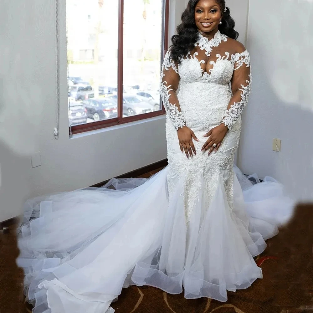 Mermaid Wedding Dresses 2023 High Neck Illusion Long Sleeve Lace Up Back Appliques Beads Plus Size Bridal Gowns
Mermaid Wedding Dresses 2023 High Neck Illusion Long Sleeve Lace Up Back Appliques Beads Plus Size Bridal Gowns