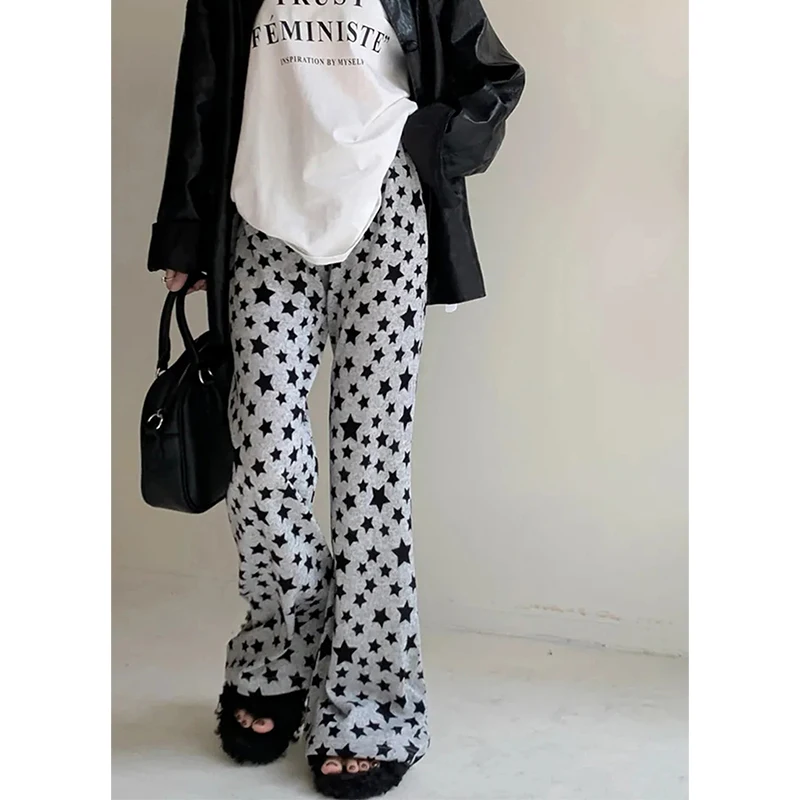 

MEXZT Y2K Grunge Stars Print Flare Pants Women Streetwear High Waist Wide Leg Trouser Harajuku Vintage Casual Joggers Sweatpants