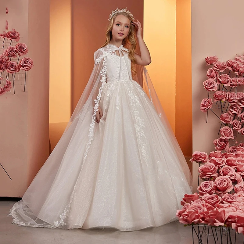 

Кружевное Тюлевое платье с цветочным принтом для девочки, свадебное платье без рукавов с накидкой, пышные блестящие Элегантные платья принцессы для первого причастия и дня рождения, 2024