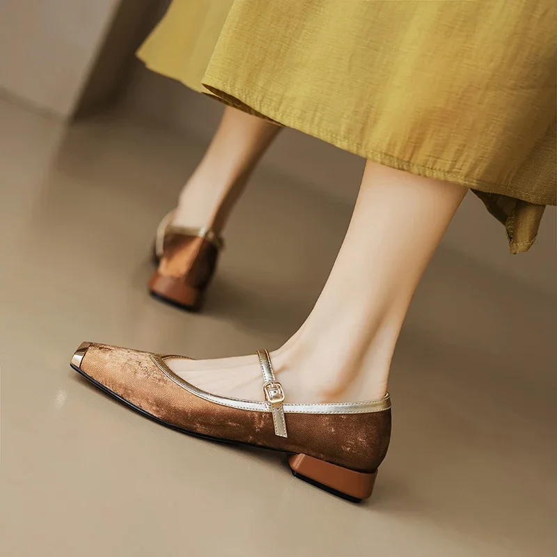 

2024 spring women pumps natural leather shoes 22-24.5cm flock+sheepskin+pigskin square toe mixed colors buckle Mary Jane shoes