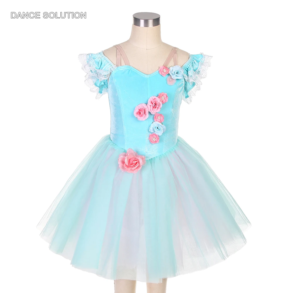 

Балетное платье-пачка, голубой бархатный лиф с аппликацией и тюлевой юбкой, балетные костюмы для девочек, Женская сценическая одежда для танцев, 22118