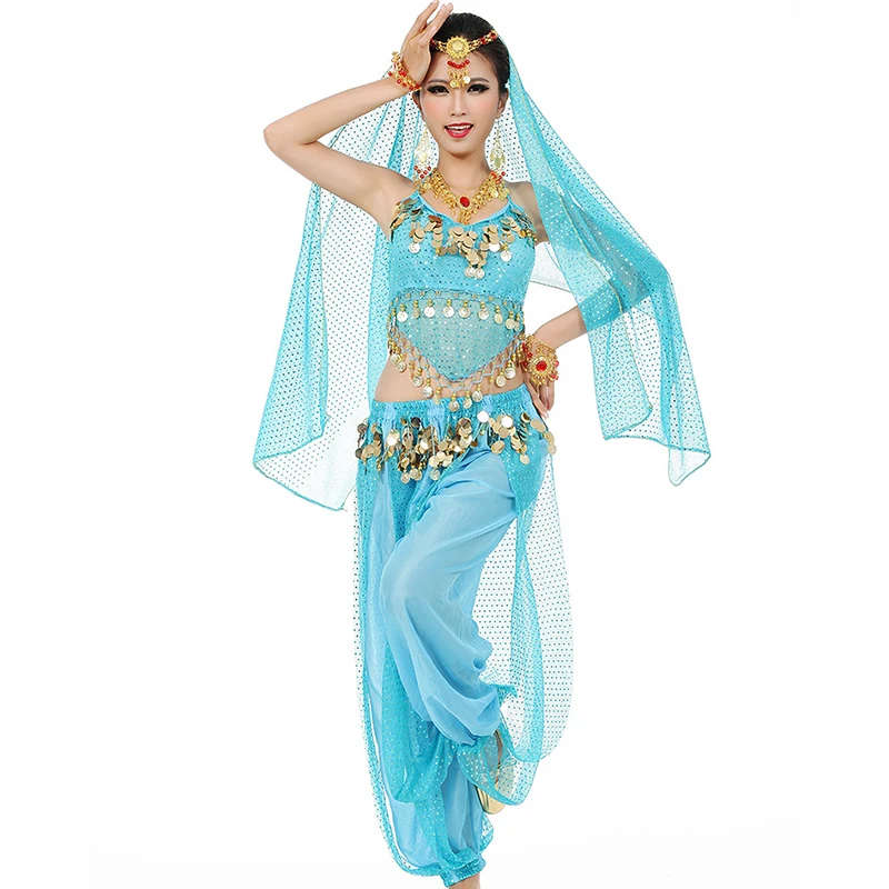 

Ladies Belly Dance Costumes Women Bollywood India Arabian Stage Coins Lace-up Back Top Harem Pants Halloween Costume Cosplay