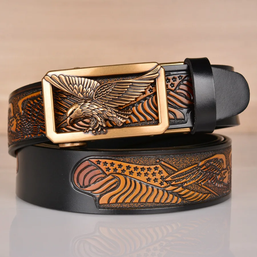 

New Cowhide Men's Belt with Eagle Pattern Embossed Retro Eagle Automatic Buckle Belt for Foreign Trade Personalized Belt
