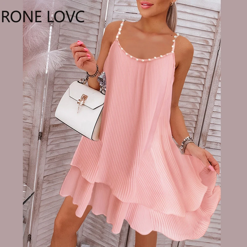 

Women Chic Spaghetti Straps Beading Decoration Sleeveless Pleated Mini Folds A Line Summer Sexy Dress