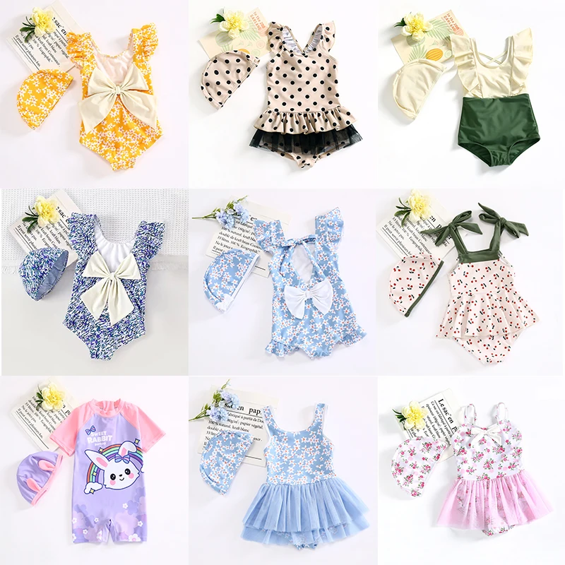 

9 Styles Children's Swimsuits 2024 Summer Infant Girls Flying Sleeves Lace Floral Dot Print One-piece Swimsuit for 2-10 Years