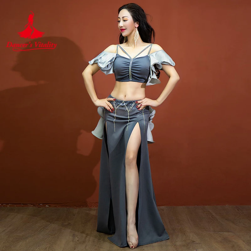 

Belly Dancer Costume Set for Women Lotus Leaf Sleeves Top+long Skirt 2pcs Adult Oriental Belly Dancing Practice Clothes Outfit