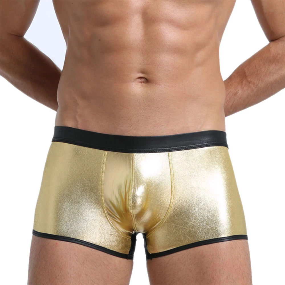 

Men Patent Leather Boxer Trunks Shiny Boxer Briefs Male Bulge Pouch Panties Wet Look Underwear Clubwear Shorts Underpants