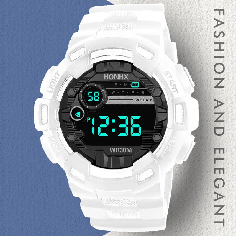 Мужские спортивные цифровые часы водонепроницаемые белые светодиодные