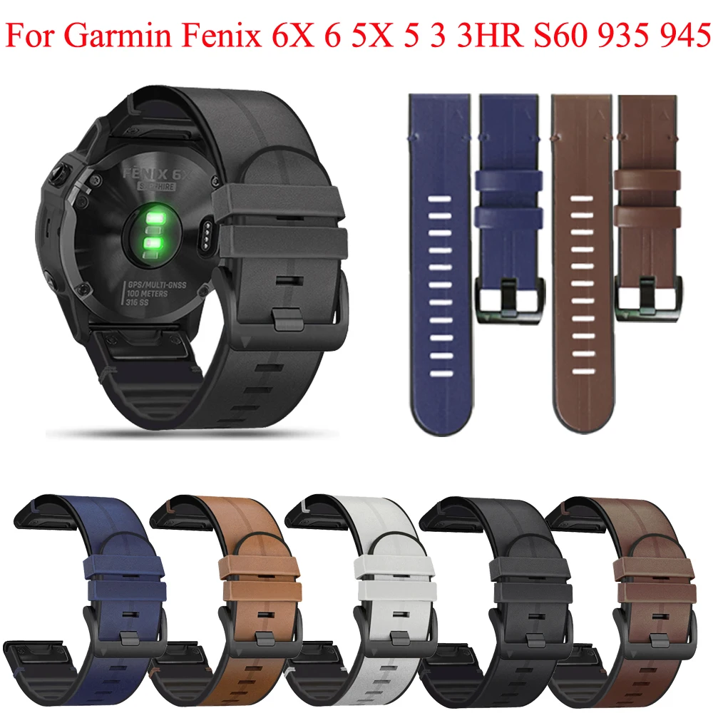 

22 26mm Genuine Leather Band For Garmin Fenix 6 5X 5 Plus 3 3HR 935 945 S60 Quickfit Watch Strap Wristband For Fenix 6X 6X Pro