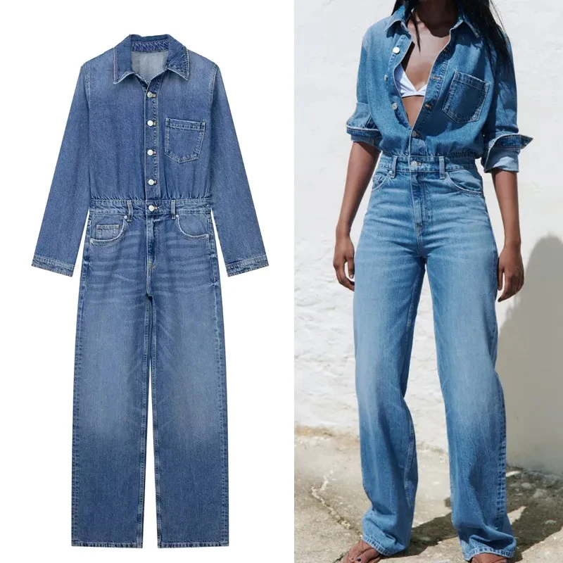 Blue Straight Jeans Jumpsuit Women Fashion Turndown-Collar Long Sleeve Denim Overalls Lady Sexy Button Jumpsuit Pants Streetwear
Blue Straight Jeans Jumpsuit Women Fashion Turndown-Collar Long Sleeve Denim Overalls Lady Sexy Button Jumpsuit Pants Streetwear