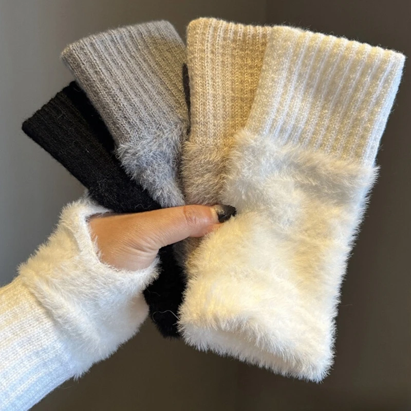 

2024 Winter TouchScreen Plush Warm Gloves Women's Men's Outdoor Warm Stretch Furry Mittens Wool Half Finger Fingerless Gloves