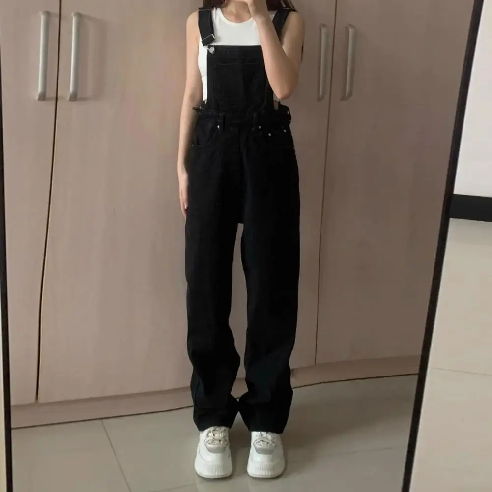 

Stretchy Jumpsuit Vintage Jumpsuit Loose Fit High Waist Straight Wide Leg Preppy Style Overalls with Pockets for Women