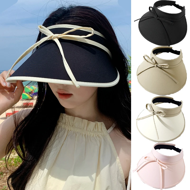 

Bow Empty Top Sun Hat for Women Wide Brim Foldable Bowknot Visors Summer Sunscreen UV Protection Hat travel Holiday Beach Shades
