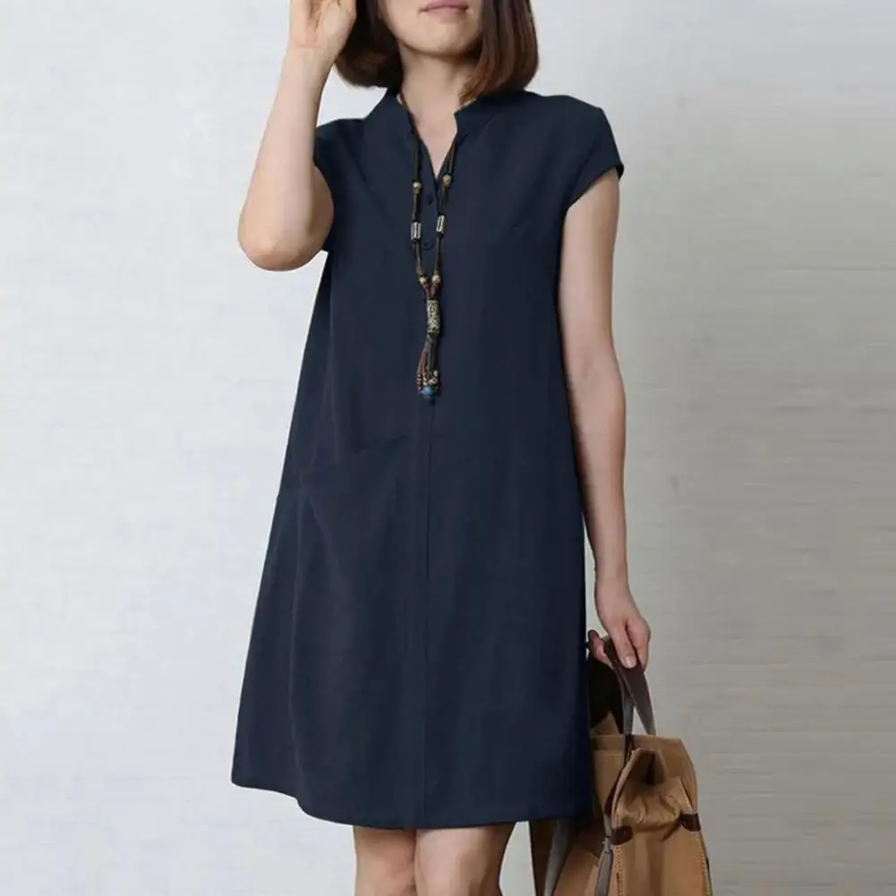 

Solid Color Dress Stylish Women's V Neck Summer Dress With Buttoned Stand Collar Single Pocket Loose Fit Pure Color For Soft